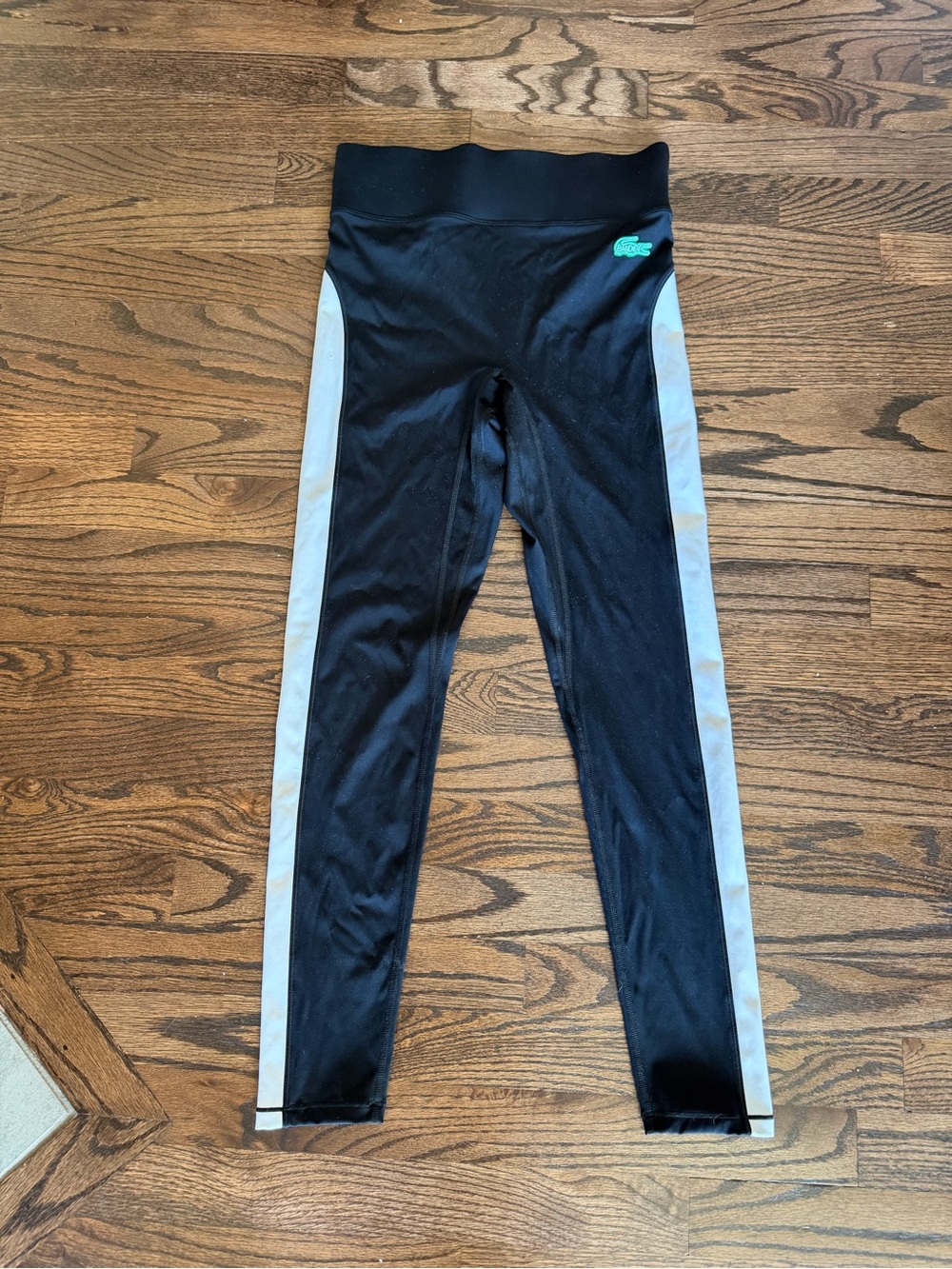 Bandier x Lacoste NWOT Small Black Leggings with White Side Stripes